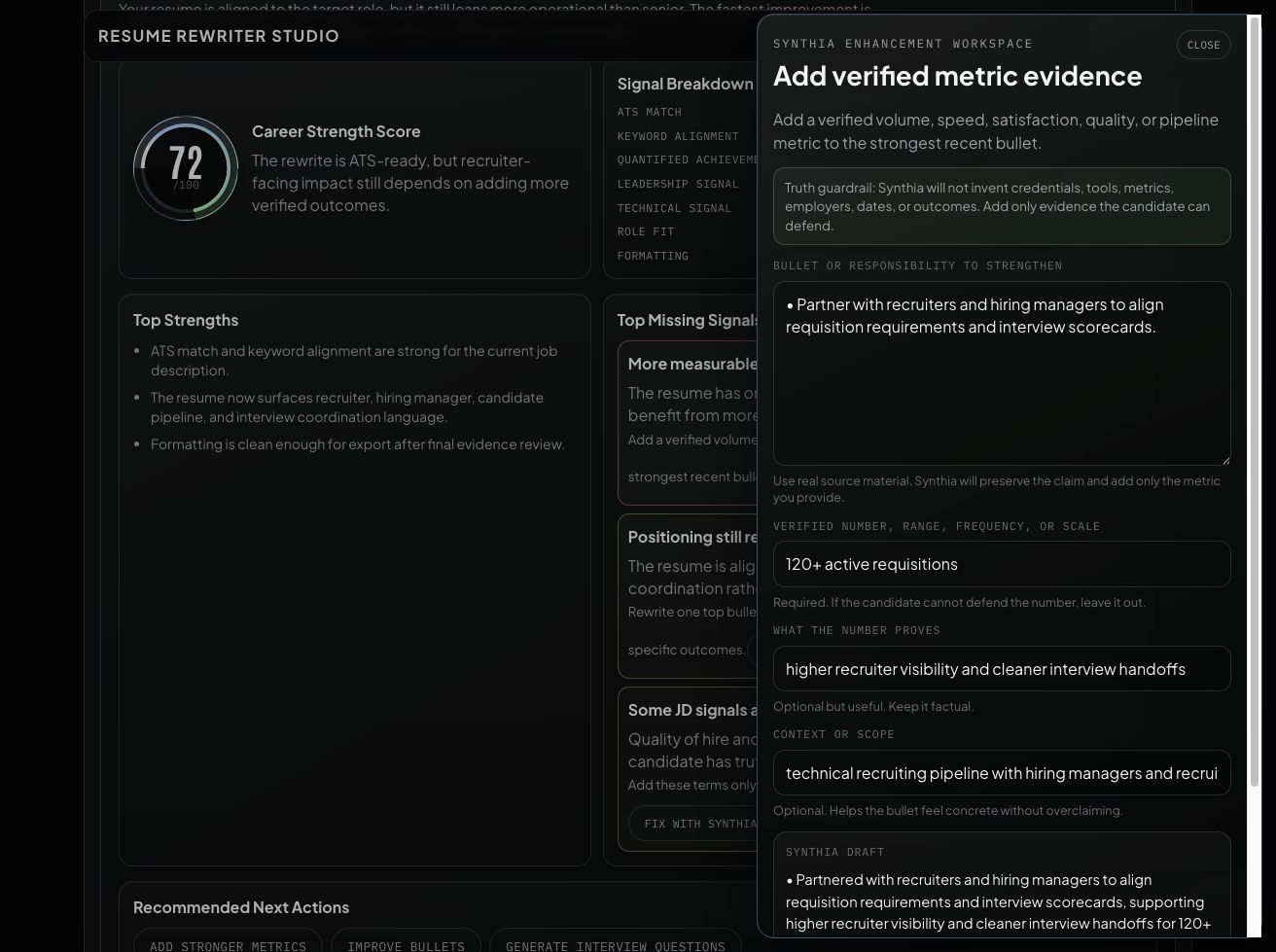 Synthia evidence workspace with verified metric fields and a resume bullet draft.